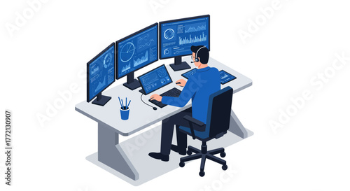 Data Analyst Working with Multiple Computer Monitors.