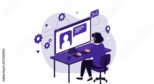 Customer Service Representative Working at Desk with Computer.