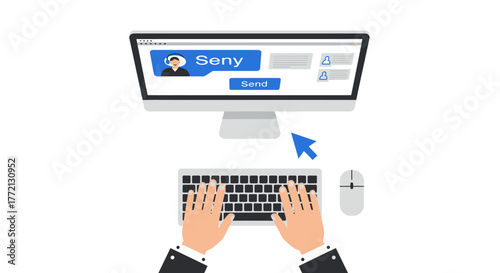 Hands Typing on Keyboard with Computer Screen.