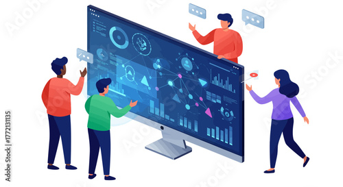 Team Analyzing Data on Large Computer Monitor.