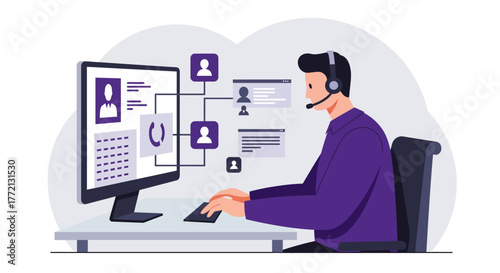 Customer Service Representative Working on Computer with Headset.