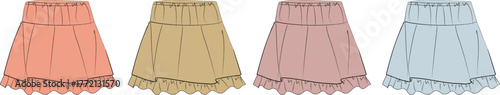 Detailed flat sketches illustrate four women's ruffled mini skirts. Designs showcase elastic waists and playful ruffles in pastel colors, perfect for apparel and fashion design