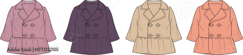 Collection of four elegant double-breasted coats in different pastel shades pink, purple, beige, and coral