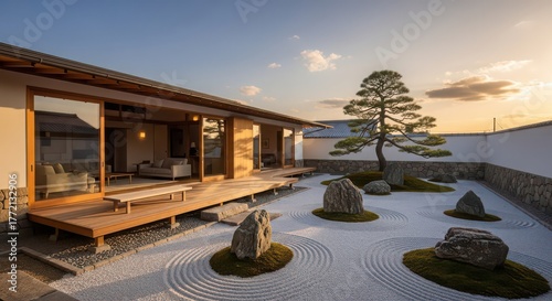 Serene japanese zen garden architecture with traditional wooden veranda and natural stone elements in golden hour light