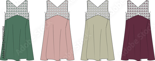 Collection of four illustrated fashion garments showcasing a blend of intricate patterns and solid colors in varying hues