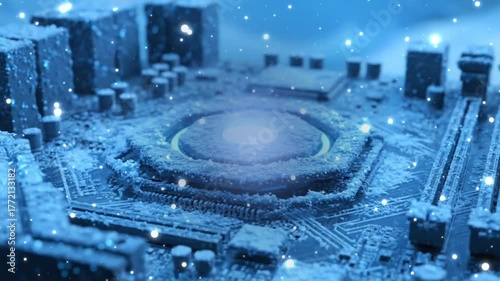 Frozen Microchip with Electric Sparks and Futuristic Technology Concept