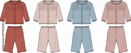Four children's clothing sets with long sleeves and pants in different colors and styles