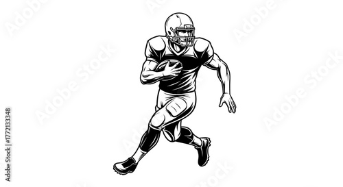 Illustration of a football player running with the ball in black and white.