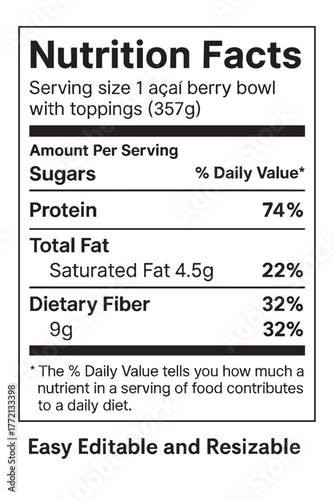 Nutrition facts label  editable for acai berry bowl item vector illustration on transparent background eps