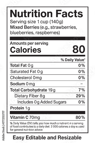 Nutrition facts label with mixed berries info vector illustration on transparent background