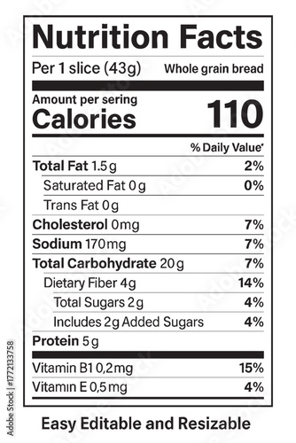 Nutrition facts label for whole grain bread slice vector illustration on transparent background