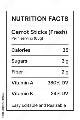 Nutrition facts label for carrot sticks fresh vector illustration on transparent background
