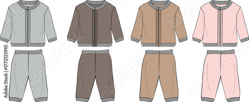 Set of four stylish children's tracksuits in different muted colors, perfect for casual wear and playtime