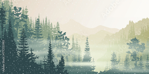Winter landscape, mountain taiga and snow-covered forest, foggy weather and snowstorm, vector illustration