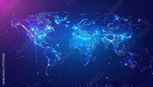 The image displays a world map with illuminated continents and connecting lines, appearing as a digital
