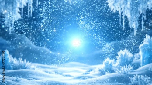 Frozen Winter Landscape – Sparkling Snow and Ice Crystals Under Bright Blue Light