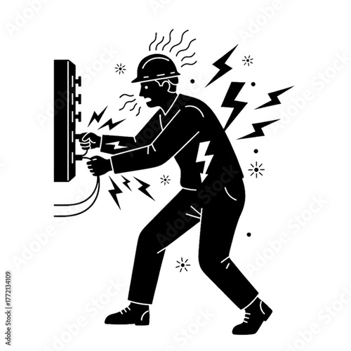 silhouette illustration of a worker experiencing an electric shock. isolated on a white background.