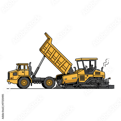 
Illustration of a dump truck pouring asphalt material onto an asphalt paver. Isolated on a white background.
