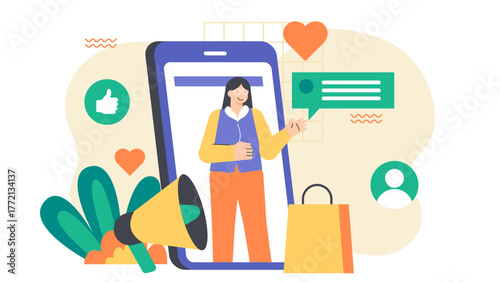 Influencer Marketing and Social Media Promotion Flat Vector Illustration