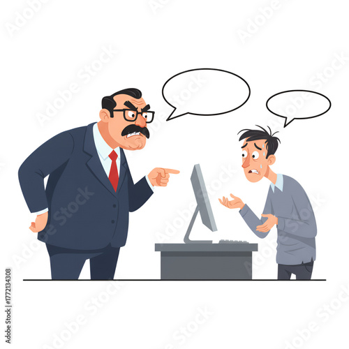A company leader reprimands an employee with an annoyed expression. Isolated on a white background.