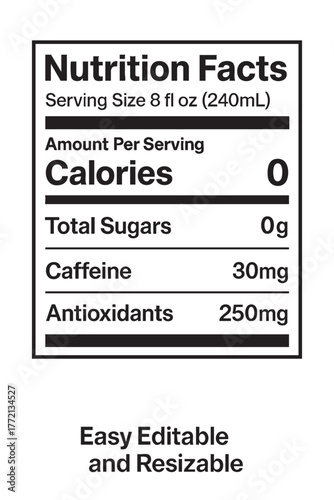 Nutrition facts label with zero calories shown vector illustration on transparent background