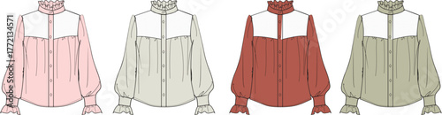 Collection of technical flat fashion illustrations showing a women's romantic blouse with a high ruffled neck, bishop sleeves, and yoke in various colorways