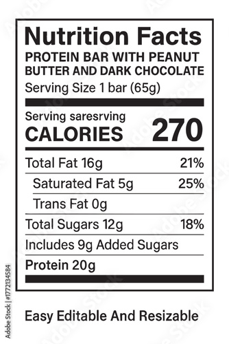 Nutrition facts label for protein bar product vector illustration on transparent background