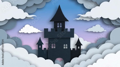 Flying Witch with Cat over Castle – Paper Cut Halloween Illustration in Cloudy Sky