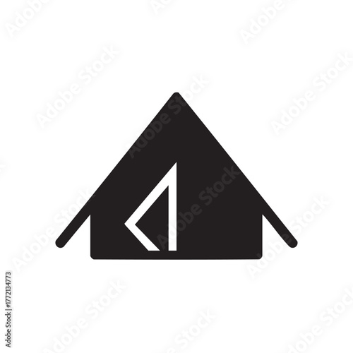 Simple black tent icon with a white arrow inside minimalist design