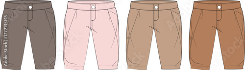 Four pairs of cropped trousers in different muted colors, presented on a white background