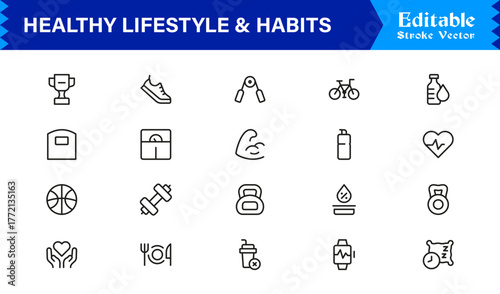 Healthy Lifestyle And Habits Modern Minimal Line Icon Collection Focused on Wellness, Discipline, Balance, and Daily Positive Routines