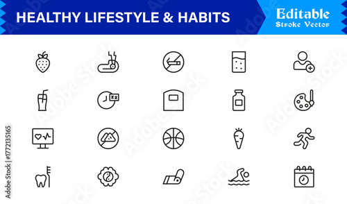 Healthy Lifestyle And Habits Modern Minimal Line Icon Collection Focused on Wellness, Discipline, Balance, and Daily Positive Routines