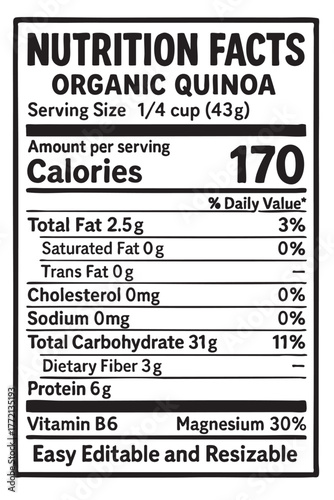 Organic quinoa nutrition facts label close up vector illustration on transparent background