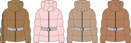Set of women's belted puffer jackets with hoods. Winter outerwear fashion technical flat sketch template in multiple colorways for apparel design