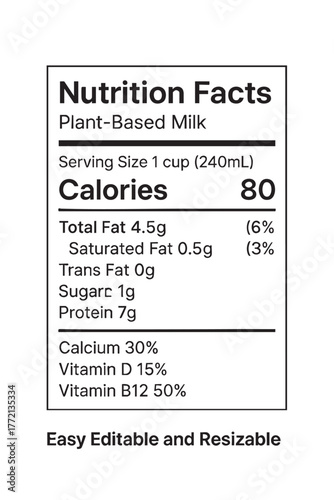Nutrition facts label for plant based milk vector illustration on transparent background