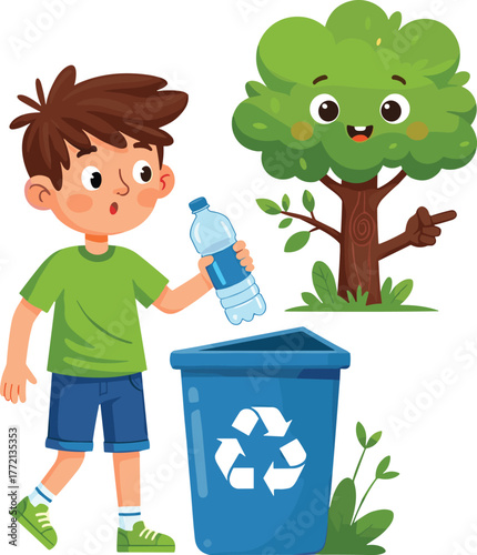 Boy recycling plastic bottle, eco friendly child activity, green environment concept, tree smiling cartoon, clean planet illustration, save nature campaign