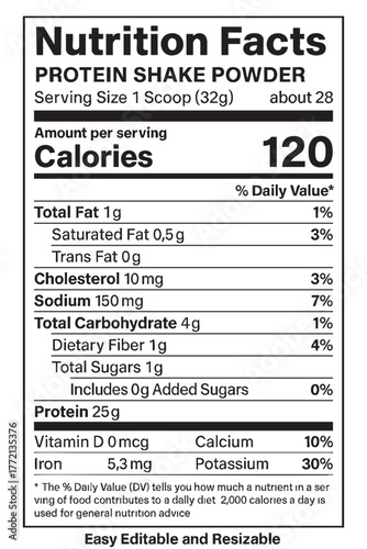 Nutrition facts label for protein shake powder vector illustration on transparent background