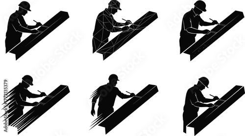 Carpenter silhouette working with wood plank, skilled craftsman measuring and cutting, woodworking process concept, professional construction worker illustration design