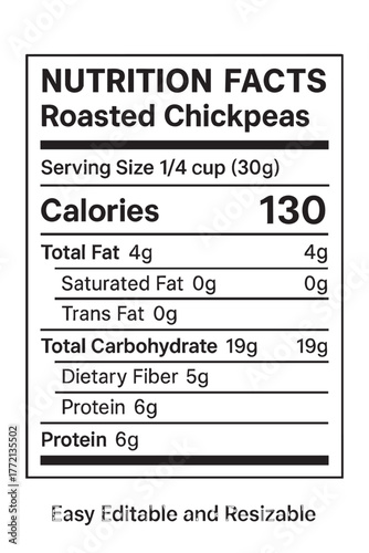 Nutrition facts label for roasted chickpeas vector illustration on transparent background