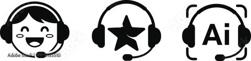 customer support icons, headset symbol, AI assistant, cartoon face, premium service, black and white, vector style, communication tools