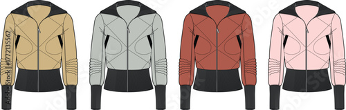 Fashionable hooded jackets in various colors and styles displayed against a white background, perfect for showcasing clothing collections