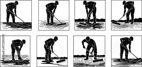 Construction worker leveling concrete surface, industrial labor silhouette, flooring work illustration, cement smoothing process, building foundation concept, professional construction worker design