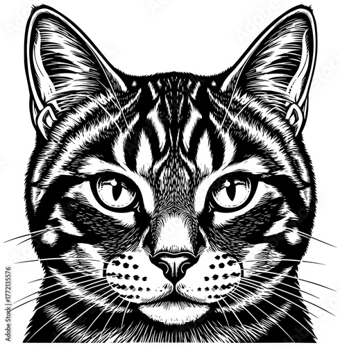 A detailed black and white ink drawing of a tabby cats face, showcasing its distinctive markings and expressive eyes