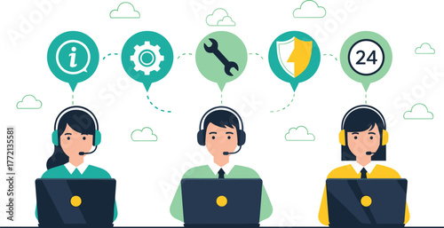 customer support team, headset agents, laptop desk, speech bubbles, technical help, 24-hour service, vector illustration, cloud icons, communication