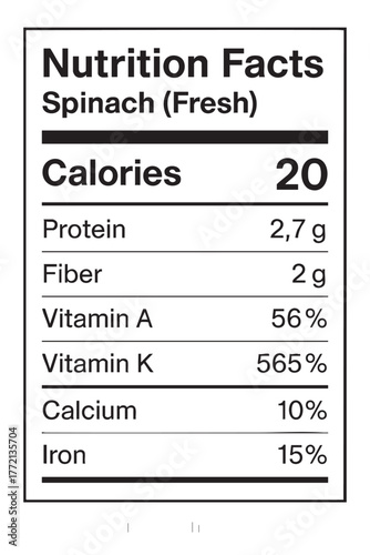 Nutrition facts label for fresh spinach item vector illustration on transparent background