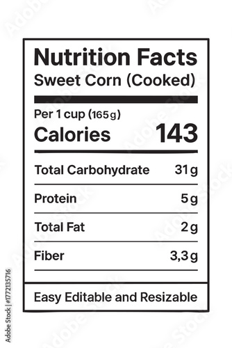 Nutrition facts label for sweet corn cooked vector illustration on transparent background