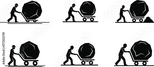 Construction worker silhouette pushing heavy rock on cart, industrial labor effort, hard work concept, strength and perseverance, vector illustration design