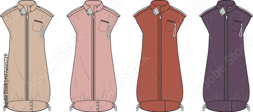 Sporty chic sleeveless gilet dress collection with zip pocket detail. Vector illustration fashion template for clothing and apparel design concepts