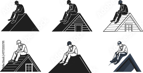 Construction worker sitting on roof, thoughtful builder silhouette, roofing repair professional, architecture maintenance concept, roofer resting during work, safety illustration design