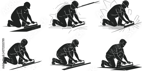 Construction worker silhouette smoothing concrete floor, builder using trowel tool, professional masonry work, industrial labor concept, construction process vector illustration